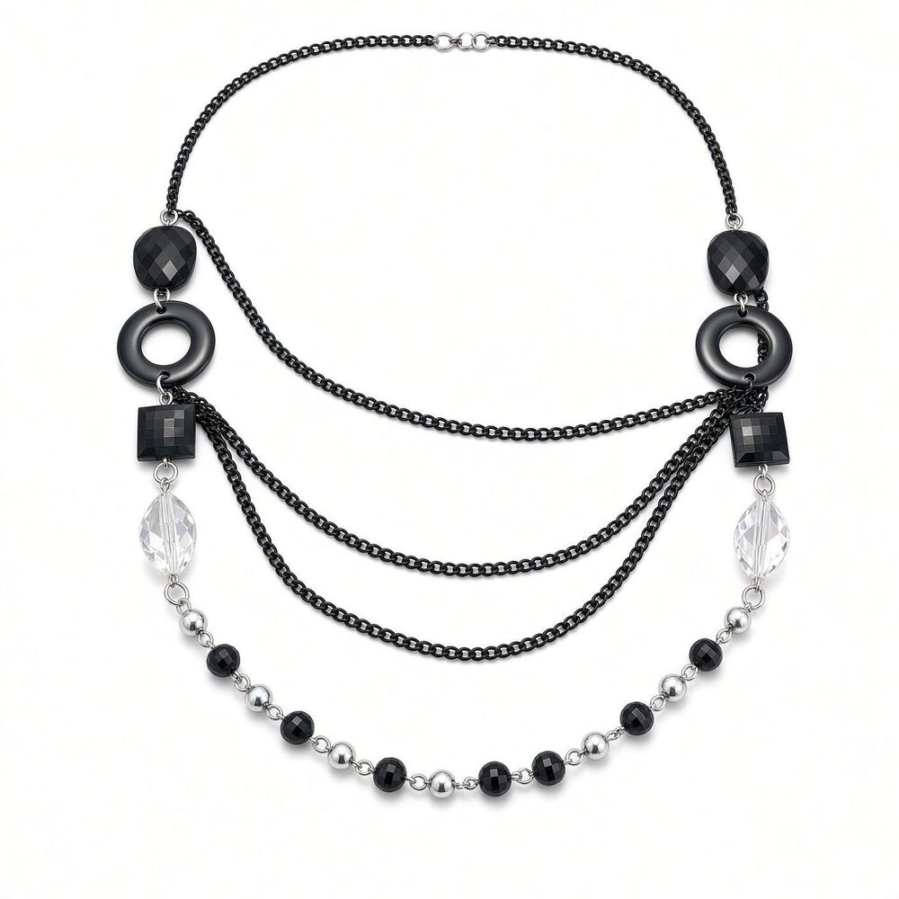 Statement Multi-Strand Black Chain Necklace Faceted Glass Beads Crystal Leaf...
